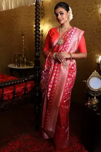 pink hand woven katan silk blend zari woven all seasons sarees