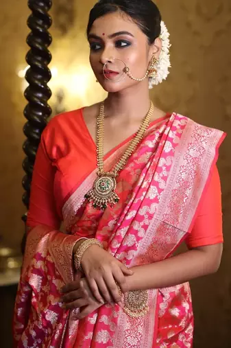 pink hand woven katan silk blend zari woven all seasons sarees