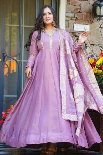 Lavender Embroidered Silk Maxi Set with Dupatta