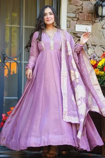 Lavender Embroidered Silk Maxi Set with Dupatta