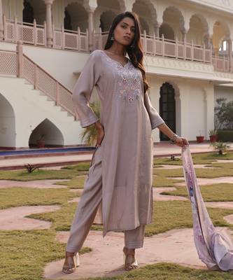 Beige color cotton silk embroidered Kurta set 1