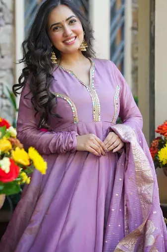 Lavender Embroidered Silk Maxi Set with Dupatta