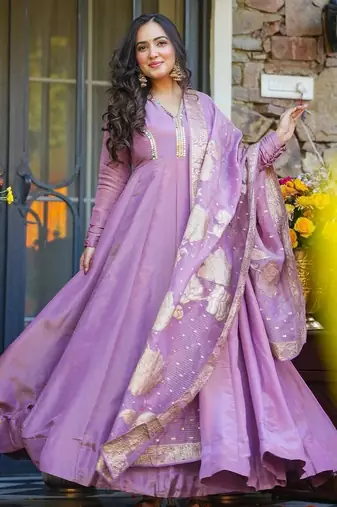 Lavender Embroidered Silk Maxi Set with Dupatta