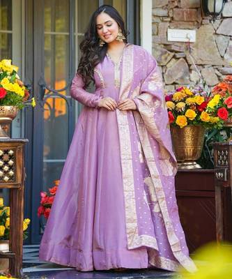 Lavender Embroidered Silk Maxi Set with Dupatta 4