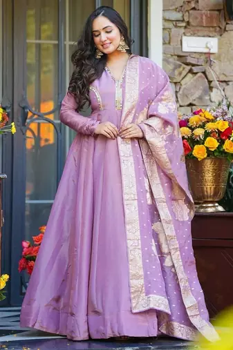 Lavender Embroidered Silk Maxi Set with Dupatta