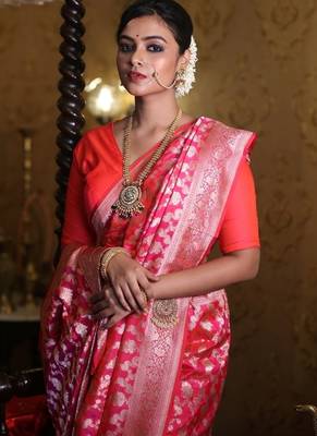 pink hand woven katan silk blend zari woven all seasons sarees 4