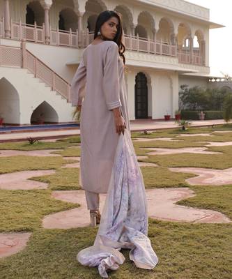 Beige color cotton silk embroidered Kurta set 2