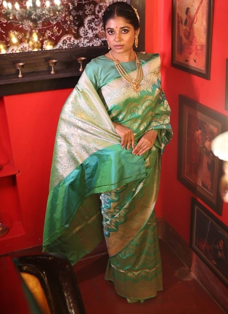 green hand woven katan silk blend saree