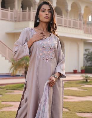 Beige color cotton silk embroidered Kurta set 3