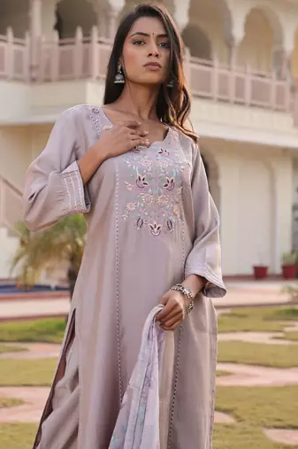 Beige color cotton silk embroidered Kurta set
