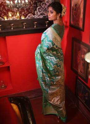 green hand woven katan silk blend zari woven all seasons sarees 2