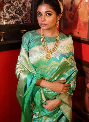 green hand woven katan silk blend zari woven all seasons sarees 3