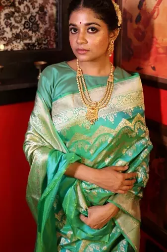 green hand woven katan silk blend zari woven all seasons sarees