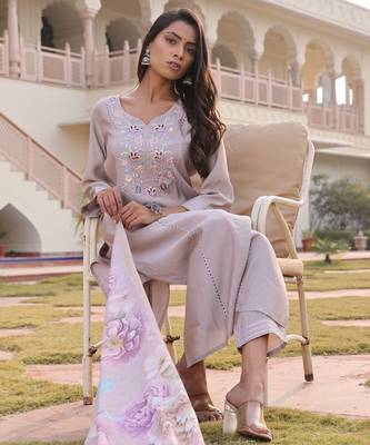 Beige color cotton silk embroidered Kurta set 4