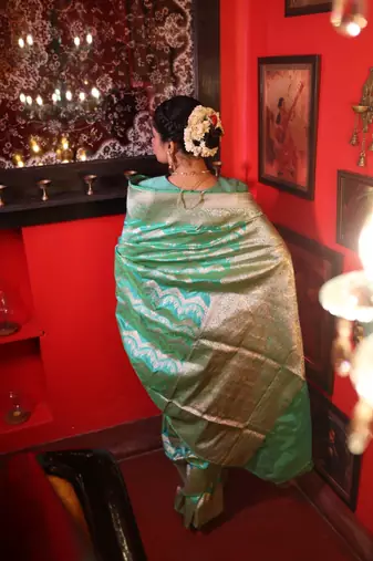 green hand woven katan silk blend zari woven all seasons sarees