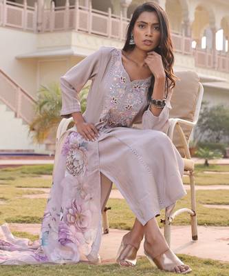 Beige color cotton silk embroidered Kurta set 5