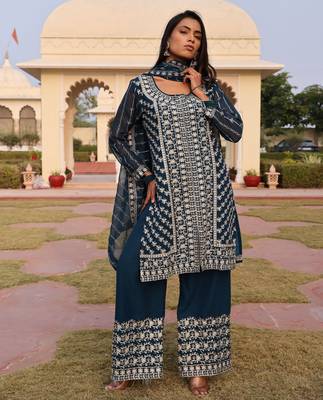 Teal blue color georgette embroidered Kurta set 1