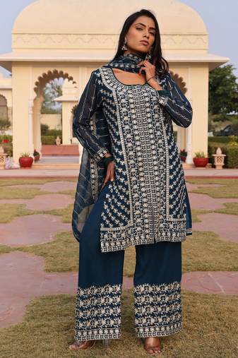 Teal blue color georgette fabric embroidered Kurta set