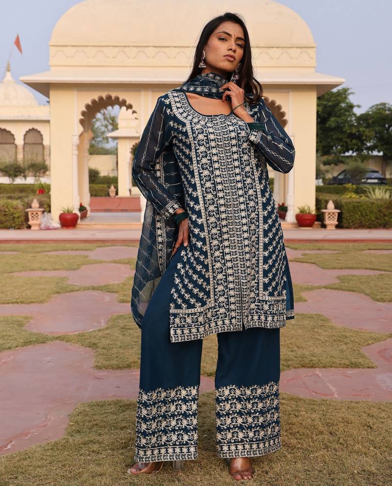 Teal blue color georgette fabric embroidered Kurta set