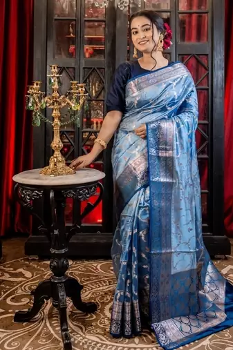 blue woven katan silk blend saree