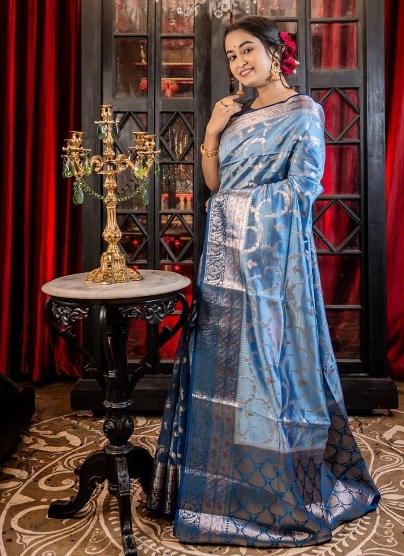 blue woven katan silk blend saree