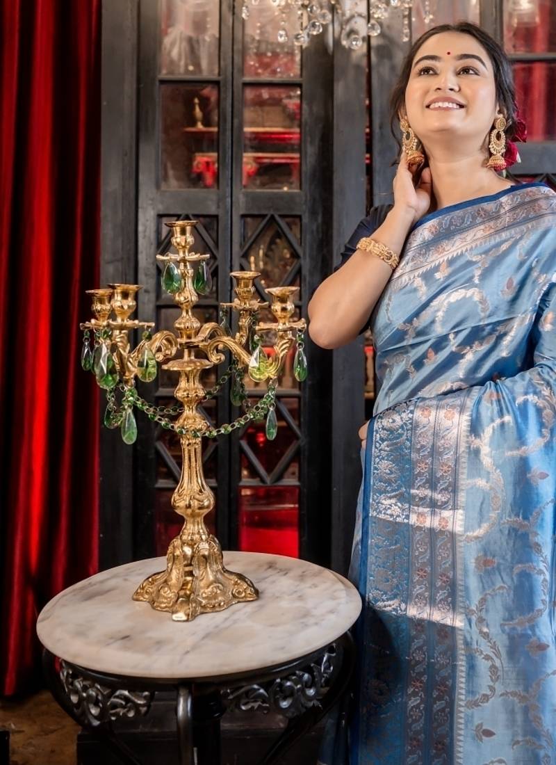 blue woven katan silk blend saree