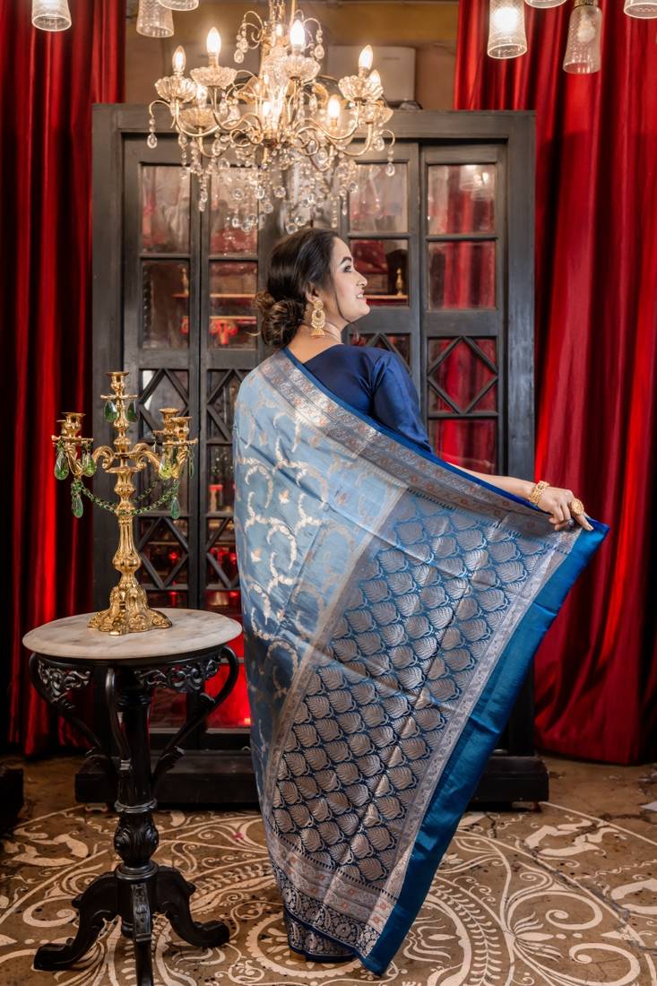 blue woven katan silk blend saree