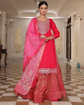 Pink color cotton silk embroidered Kurta set 1