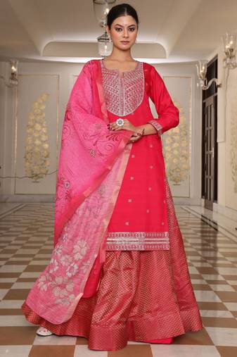 Pink color cotton silk fabric embroidered Kurta set