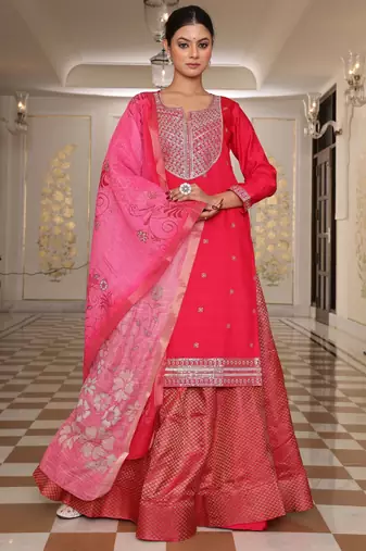 Pink color cotton silk fabric embroidered Kurta set