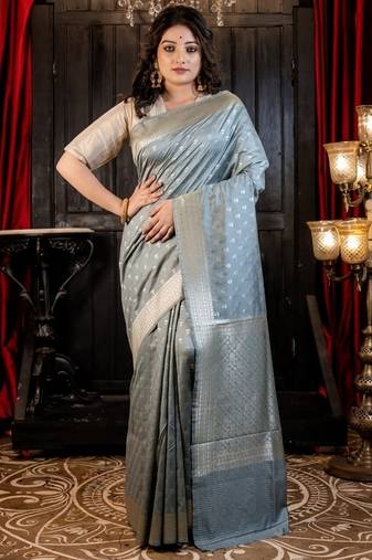 grey hand woven silk blend saree