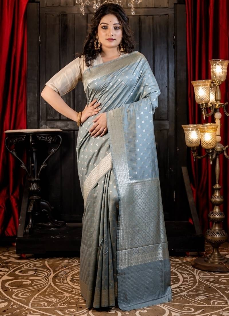 grey hand woven silk blend saree