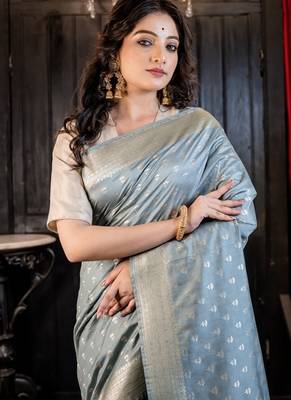 grey hand woven silk blend zari woven all seasons sarees 2