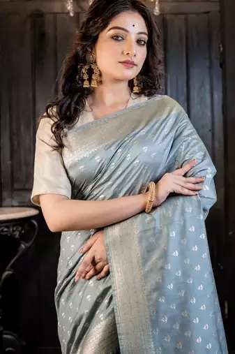 grey hand woven silk blend zari woven all seasons sarees