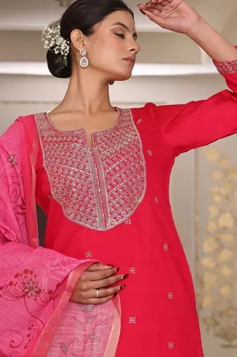 Pink color cotton silk embroidered Kurta set