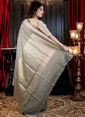 grey hand woven silk blend zari woven all seasons sarees 4
