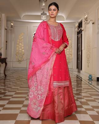 Pink color cotton silk embroidered Kurta set 5