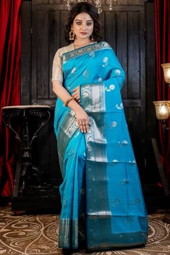 blue hand woven silk blend saree