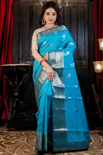 blue hand woven silk blend saree