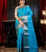blue hand woven silk blend saree