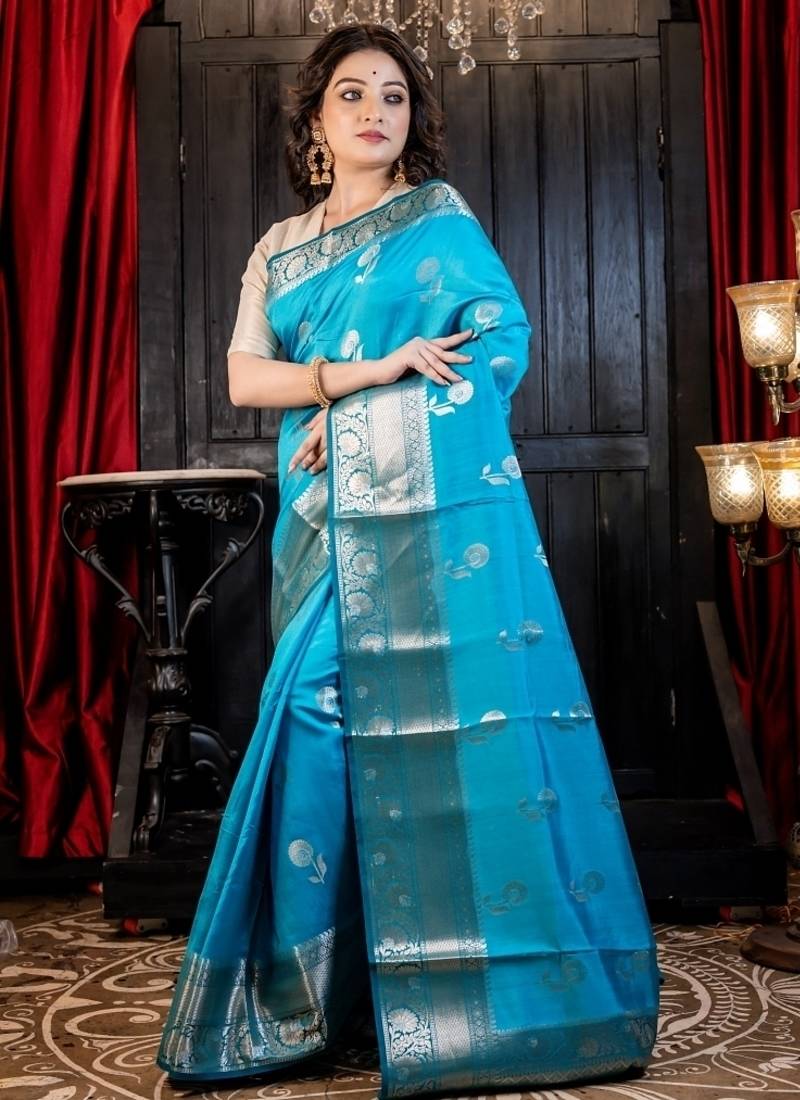 blue hand woven silk blend saree