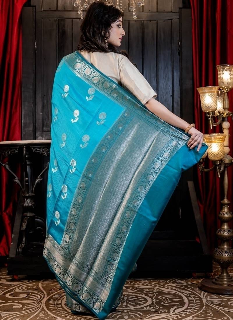blue hand woven silk blend saree