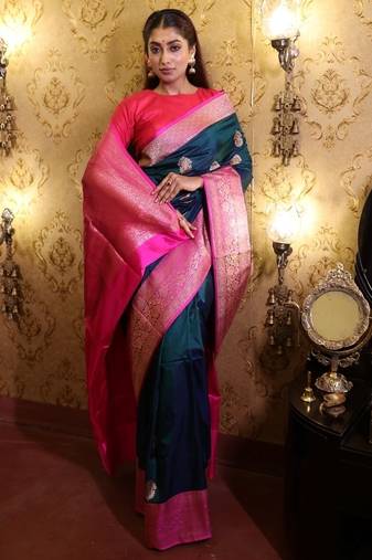 multicolor hand woven katan silk blend saree