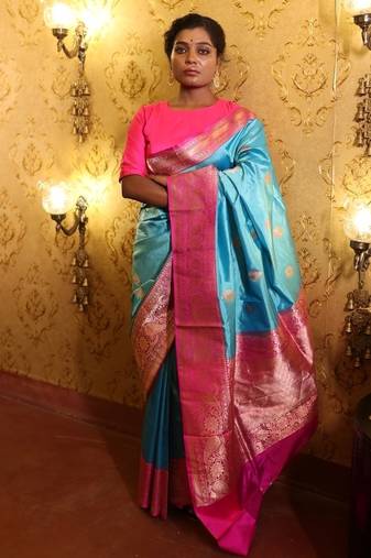 blue hand woven katan silk blend saree