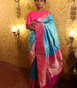 blue hand woven katan silk blend saree