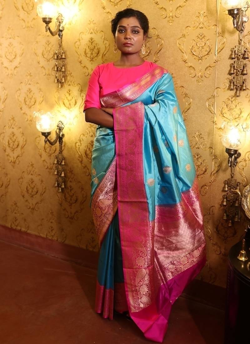 blue hand woven katan silk blend saree