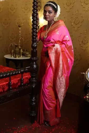 pink hand woven katan silk blend saree