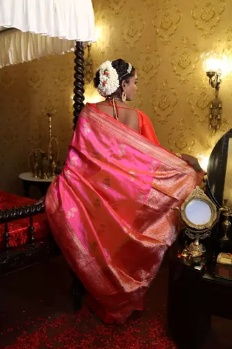 pink hand woven katan silk blend zari woven all seasons sarees