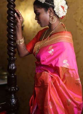 pink hand woven katan silk blend zari woven all seasons sarees 4