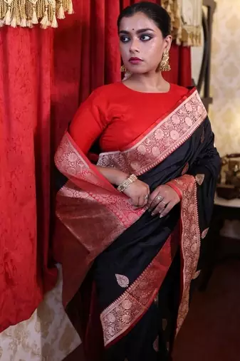 black hand woven katan silk blend zari woven all seasons sarees